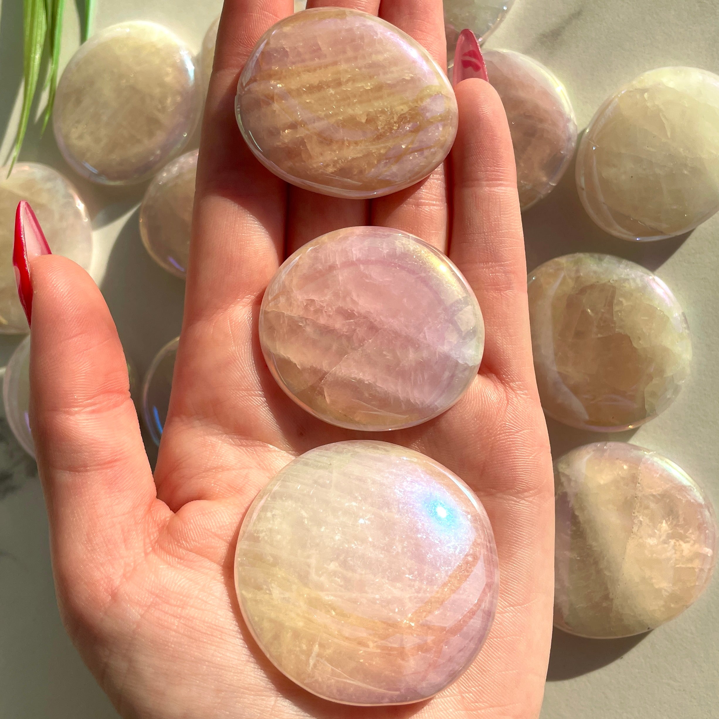 Pocket Palm Stone - Rose Quartz (colour enhanced) Pocket Palm Stone - Rose Quartz (colour enhanced)
